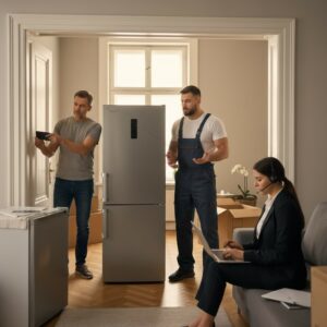 Bezorgers leveren koelkast in woning terwijl bewoner schade documenteert voor rechtsbijstandverzekering.