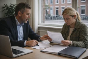 Nederlandse advocaat geeft juridisch advies aan cliënt over een conflict in een kantoor.