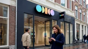 Odido winkel in Nederland terwijl klant op telefoon kijkt na nieuws over datalek en massaclaim