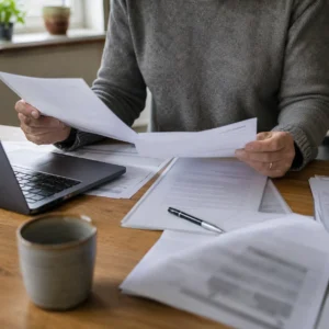 Huurder controleert huurverhogingsbrief en huurcontract aan de keukentafel.