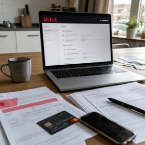 Consument bekijkt Netflix-abonnement en voorwaarden na prijsverhoging.