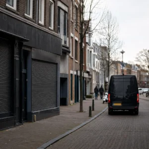 Nederlandse straat met winkels en woningen als beeld bij ondermijning en verborgen criminaliteit.
